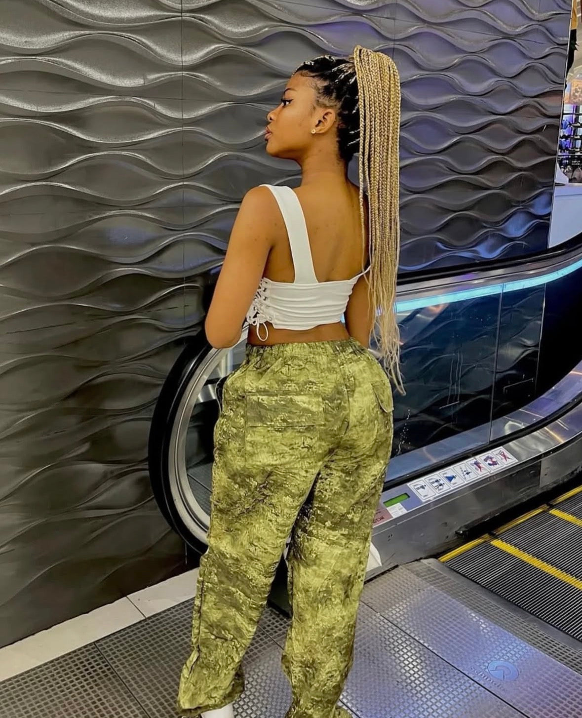 Green camo jogger cargo pants for women