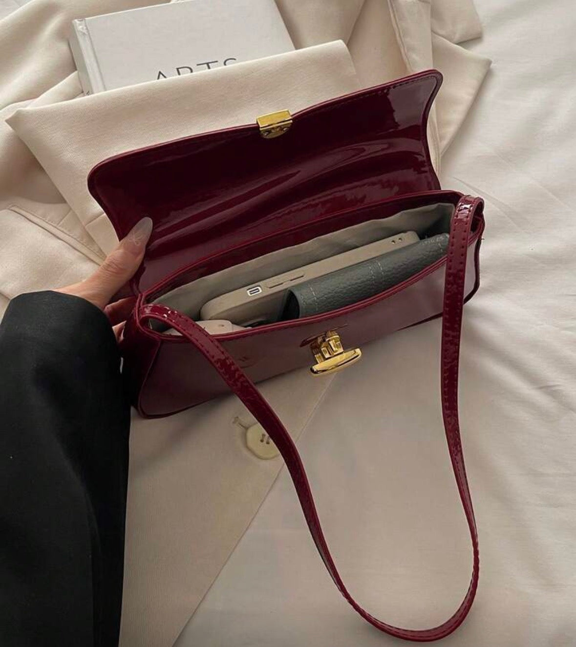 Leather red shoulder bag handbag for women