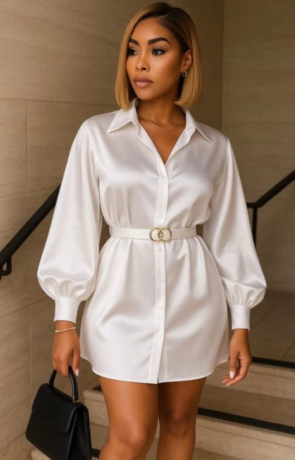 Women’s v neck collar silk shirt dress with waist buckle