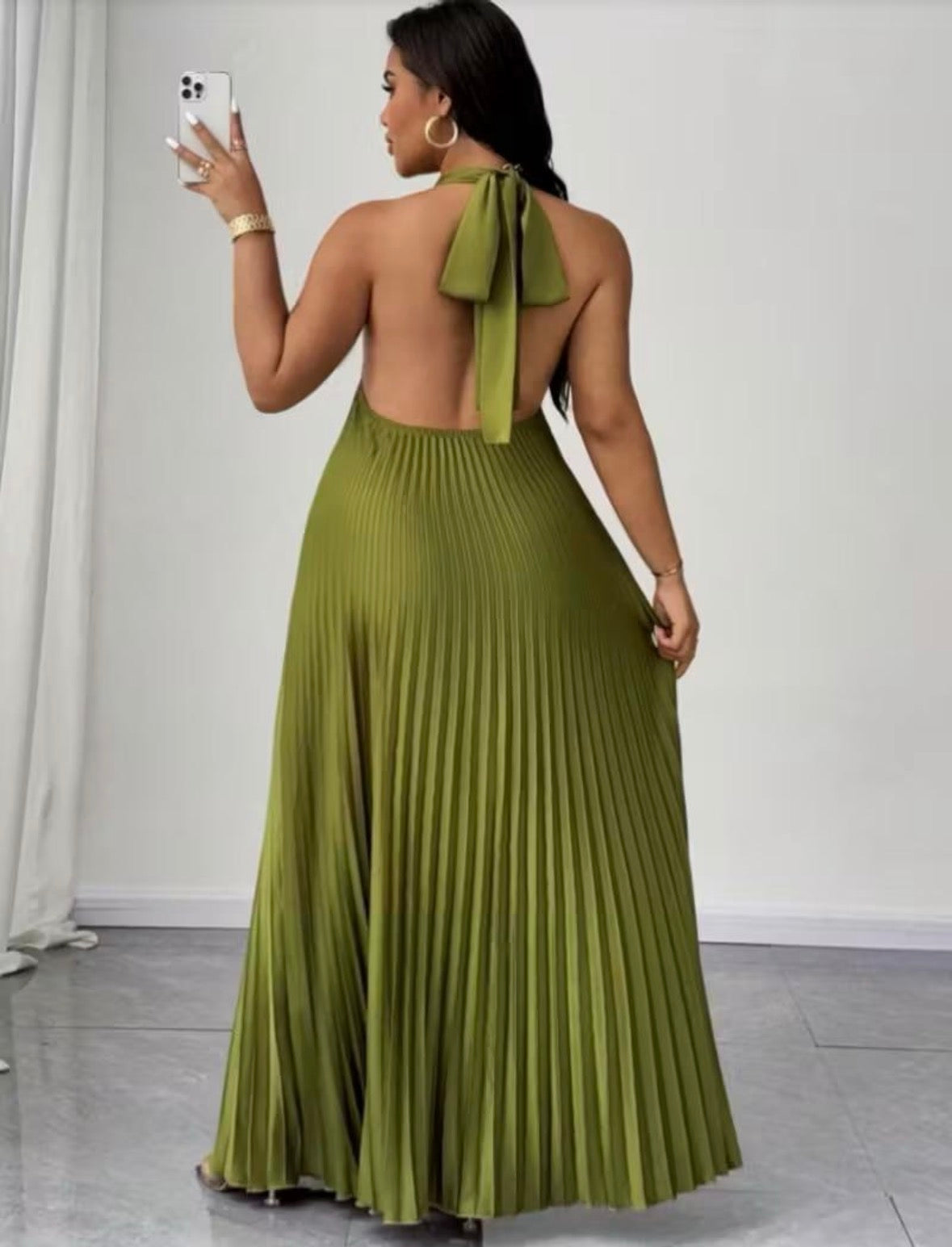 Women’s green solid colour stripes backless sleeveless long dress