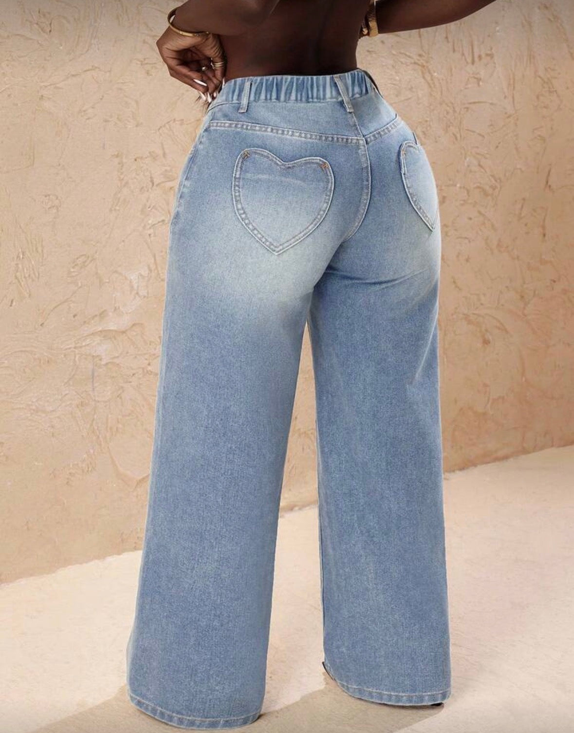 High waist light wash blue denim heart loose pocket jeans