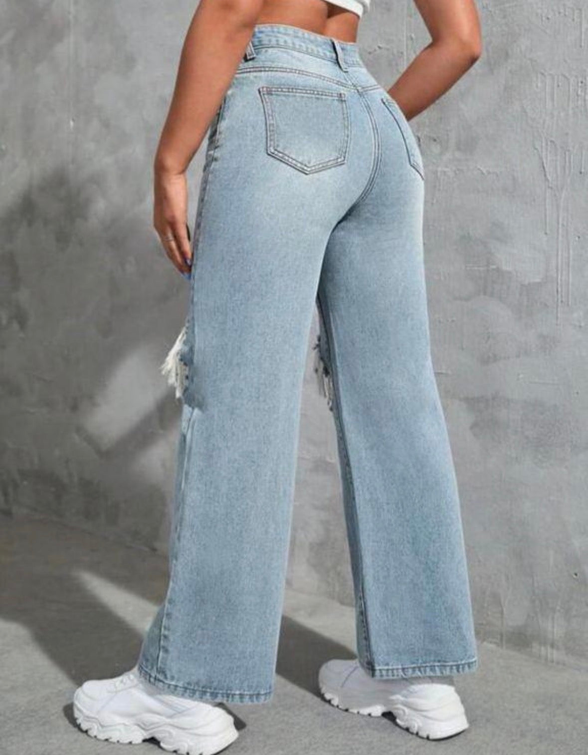 Women’s ripped blue denim pocket loose straight jeans