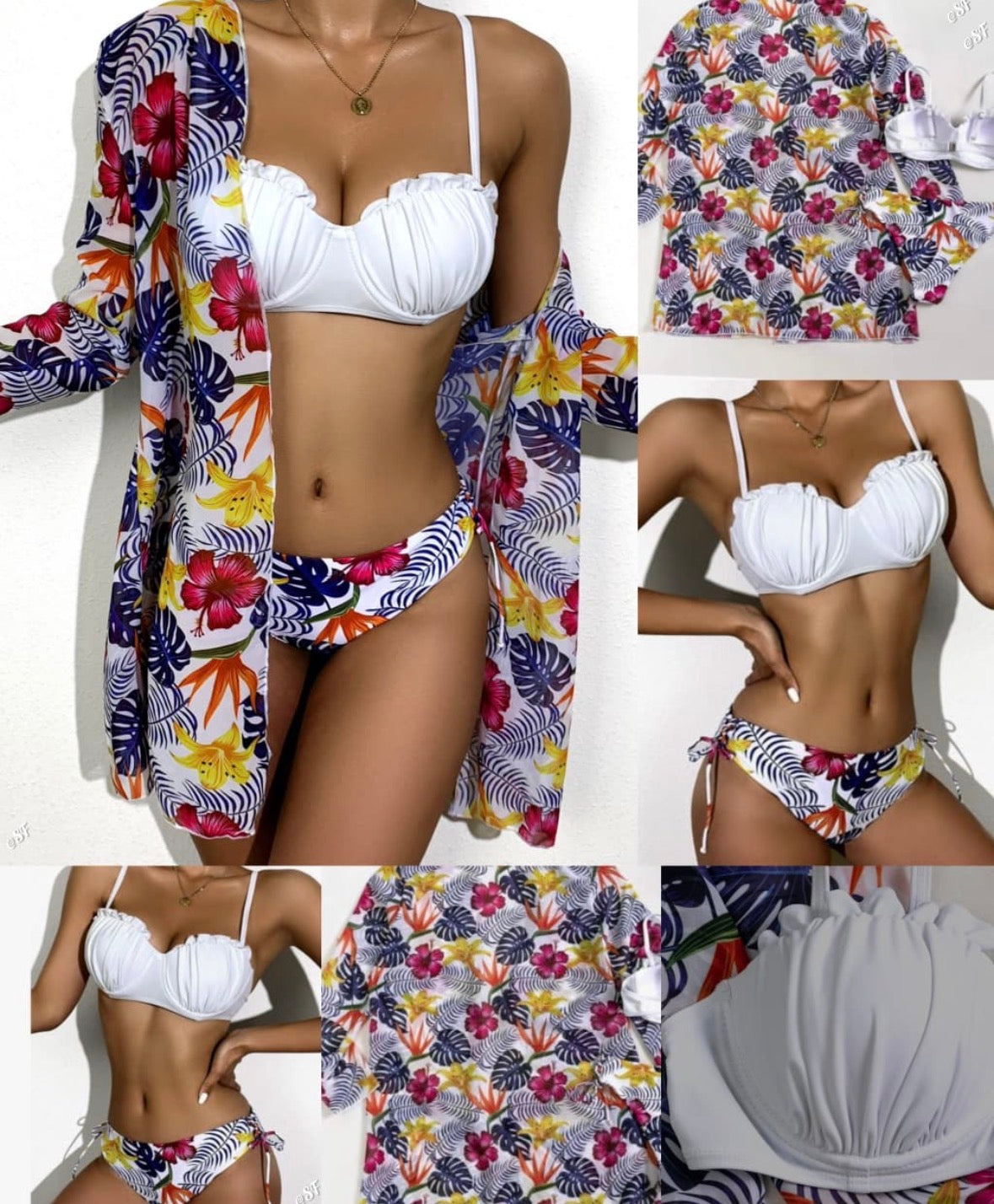 Women’s 3 pc white bikini sexy multi colour coat and underwear 3 pc swimwear