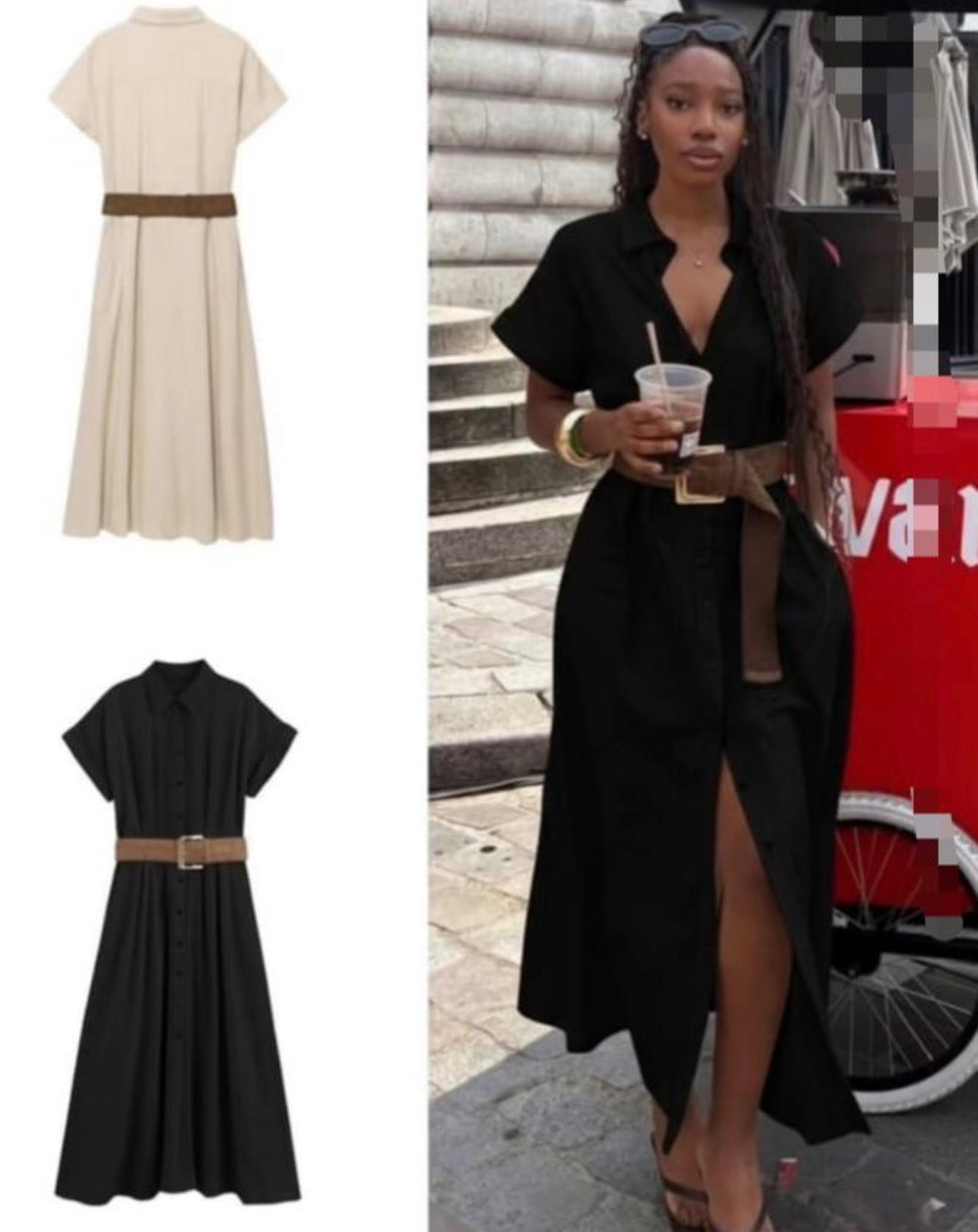 Women’s open leg half sleeve open neck collar long dress with buckle