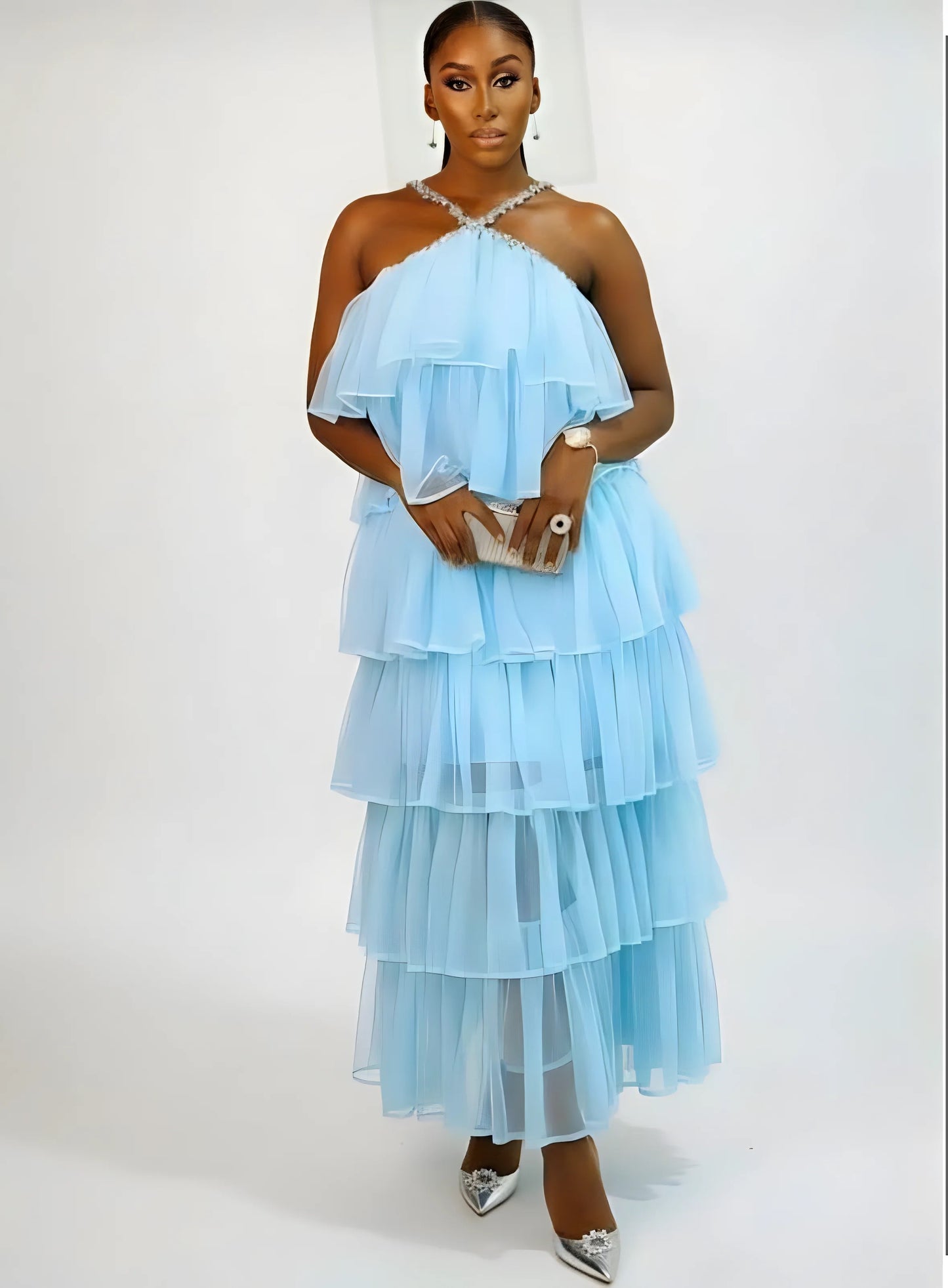 Women’s sophisticated open shoulder sleeveless solid colour dress