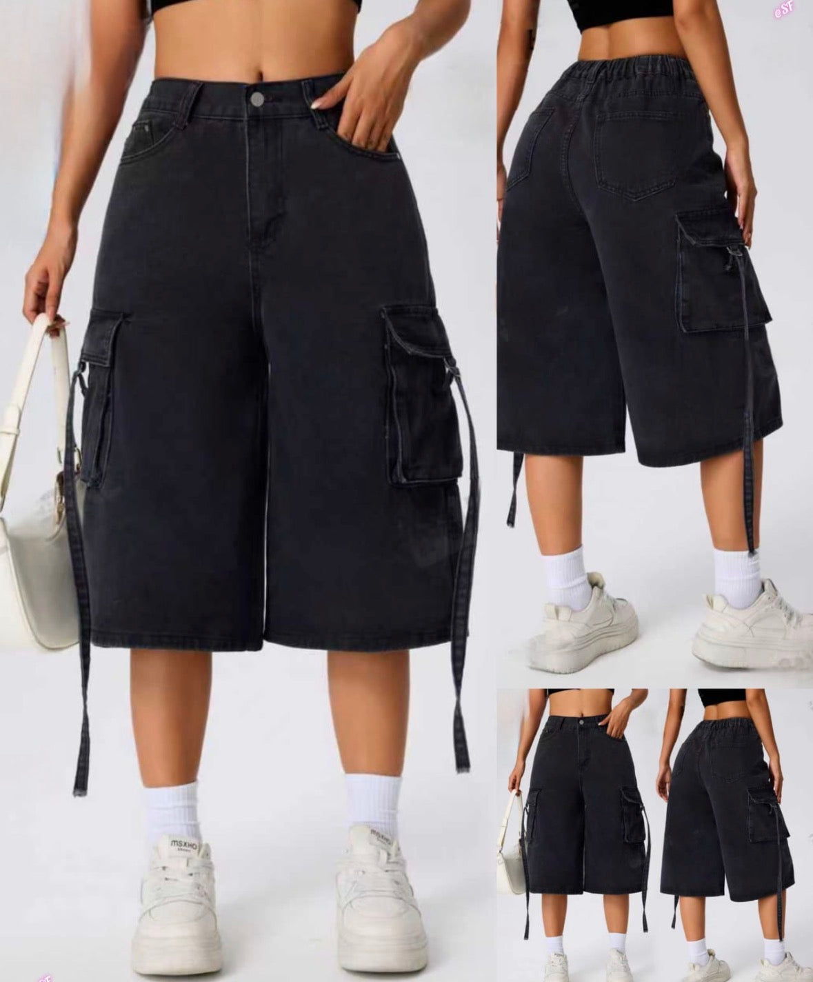 Long black cargo picket strap solid colour cargo jorts for women