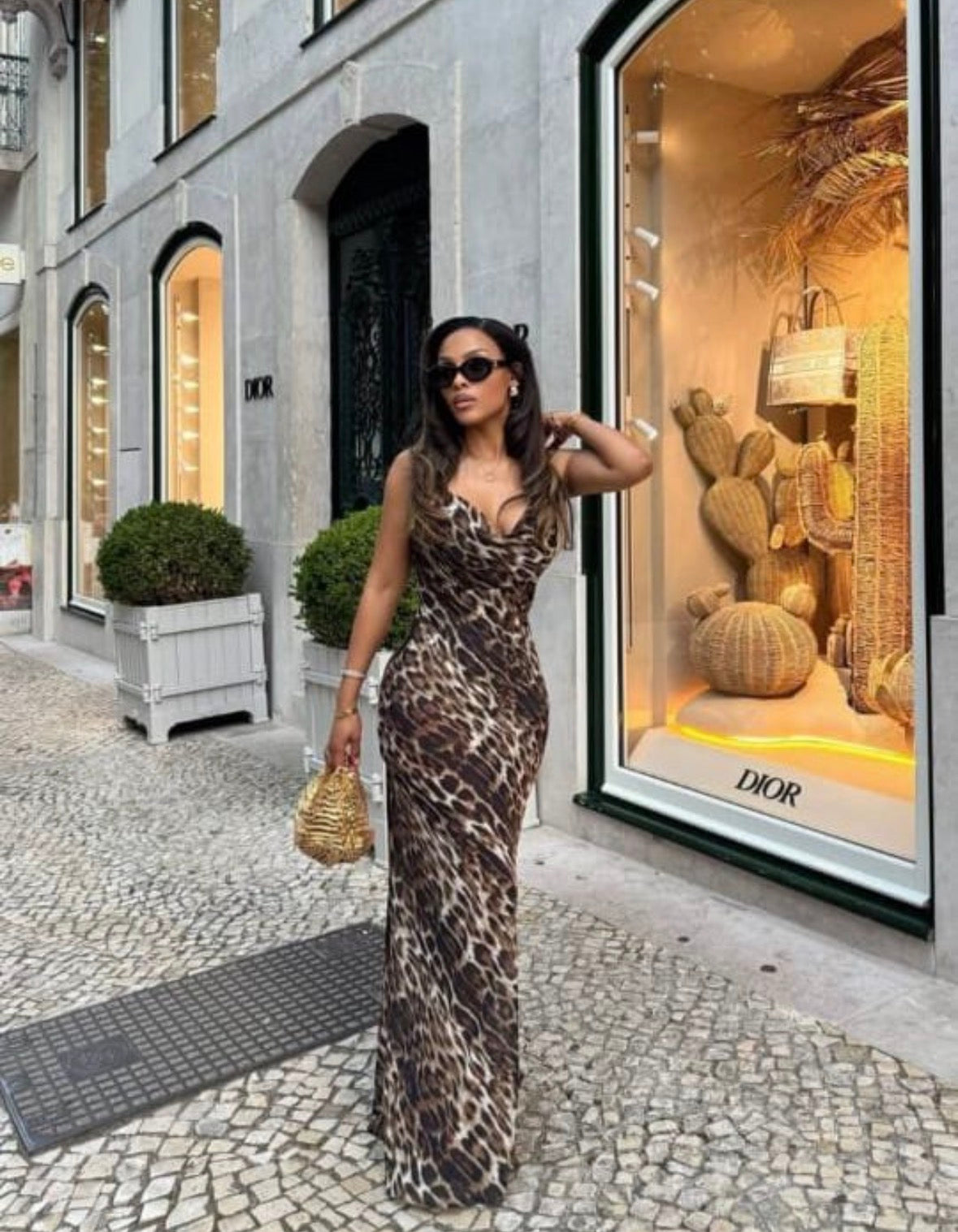 Women’s elegant sleeveless open chest leopard long dress