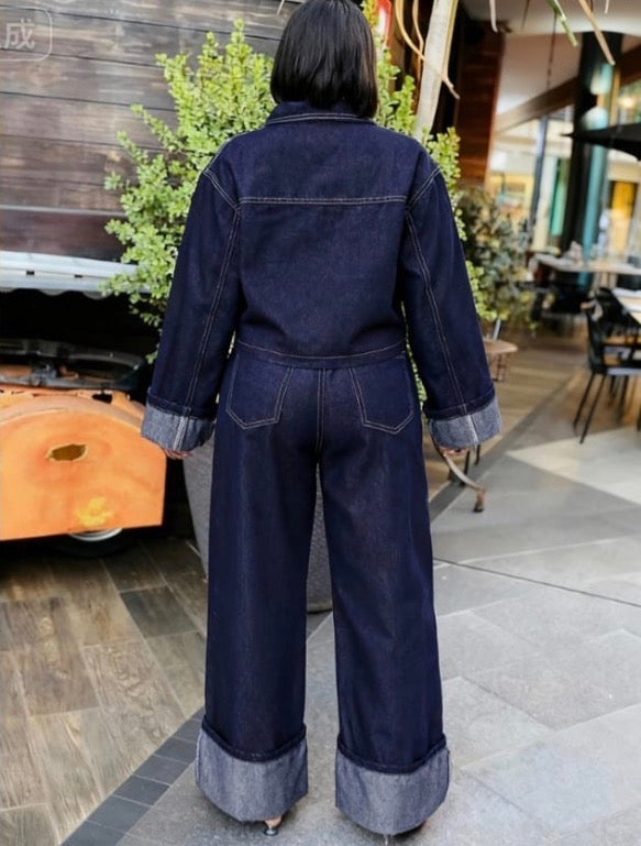 Women’s elegant 2 pc denim long sleeve dark wash shirt and loose pants jeans