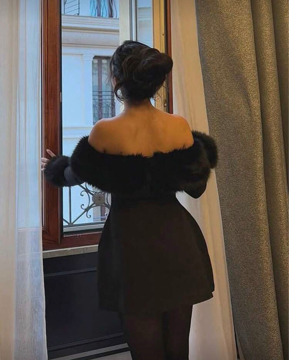 Women’s solid colour knit long sleeve fur collar sexy elegant holiday dress