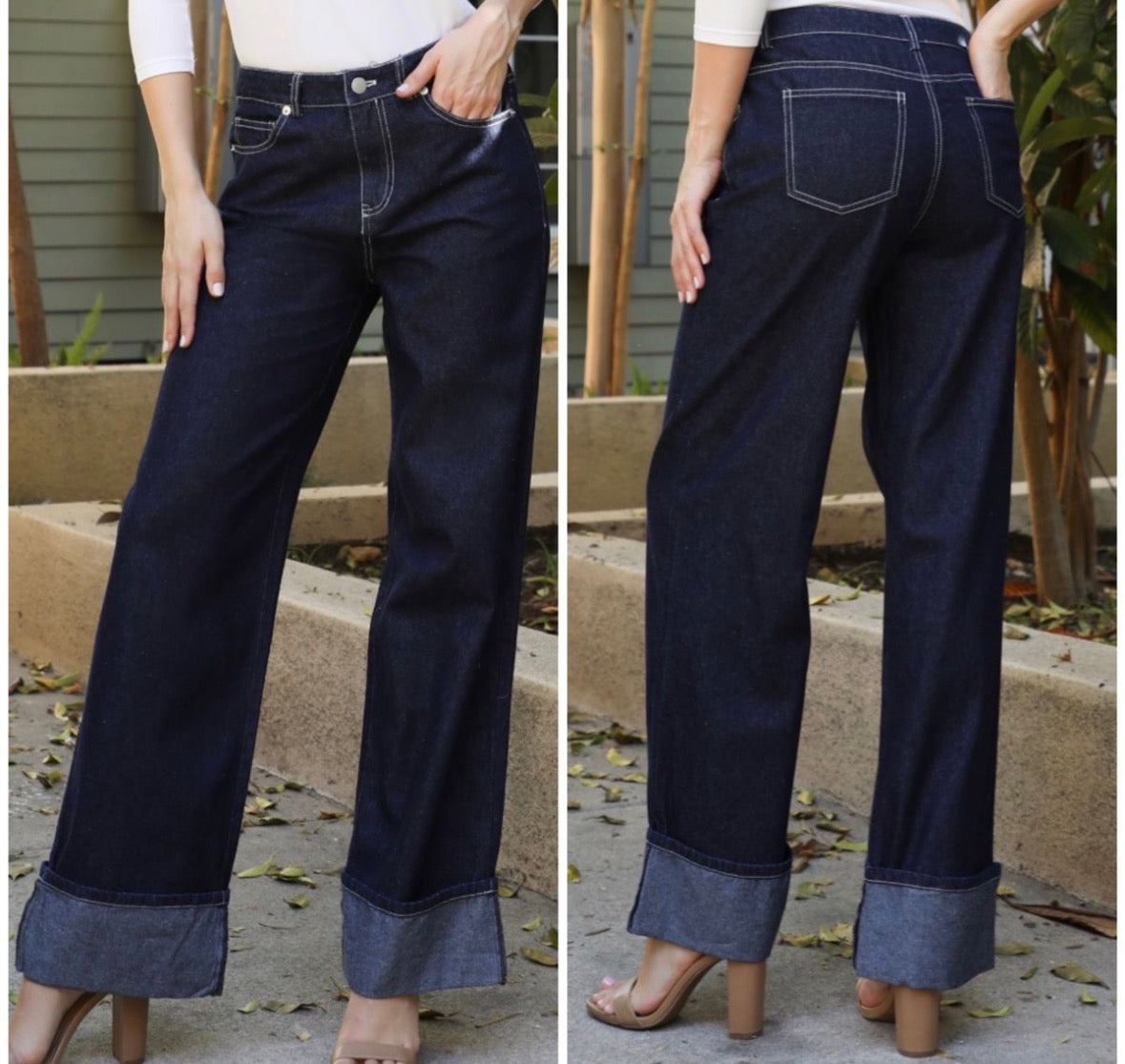 Women’s baggy dark blue denim elegant high waist pocket jeans