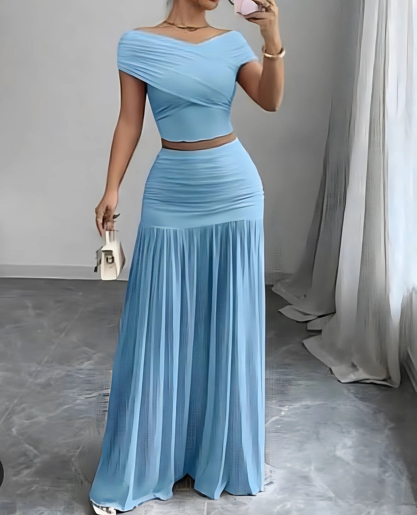 Elegant Women's Solid Color Off Shoulder Cropped Top And Ruffle Hem Mini Skirt 2 Pieces Set