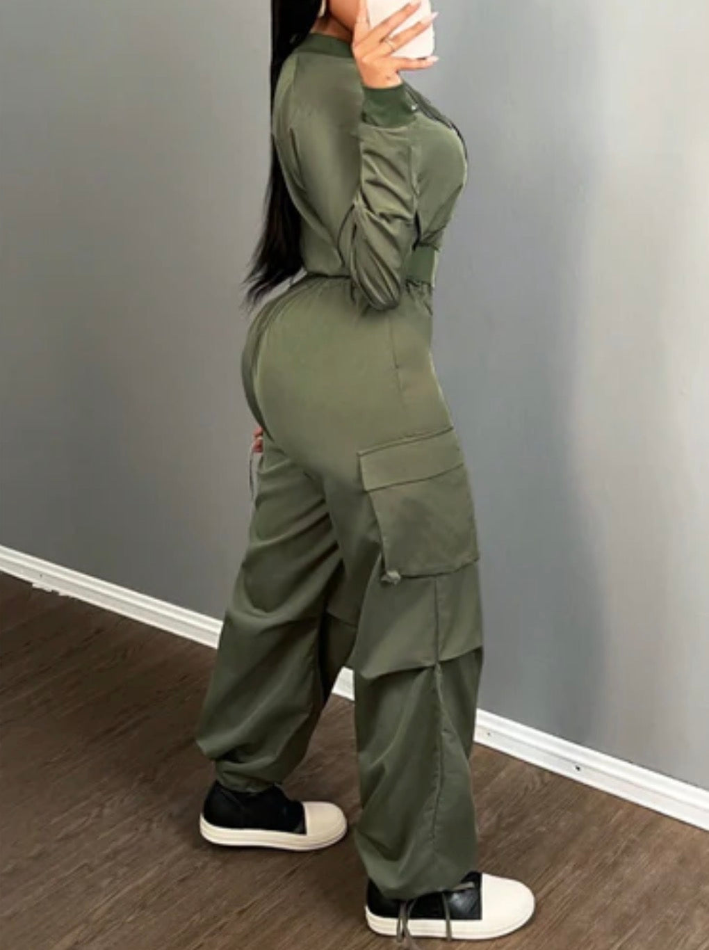 Women’s street stylish green army 2 pc pocket jacket and joggers