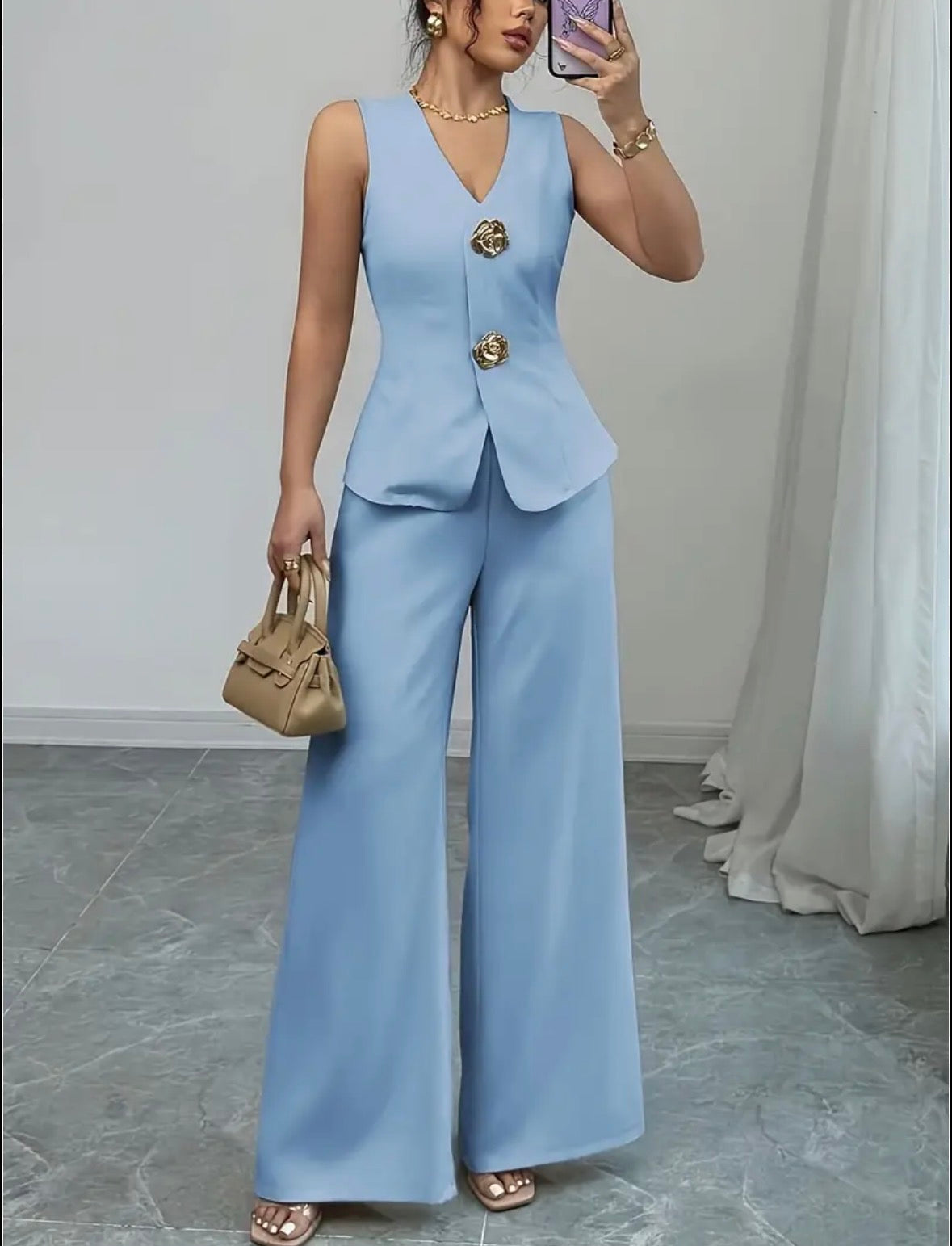 Women’s elegant 2 pc 2 button sleeveless vest and wide leg pants