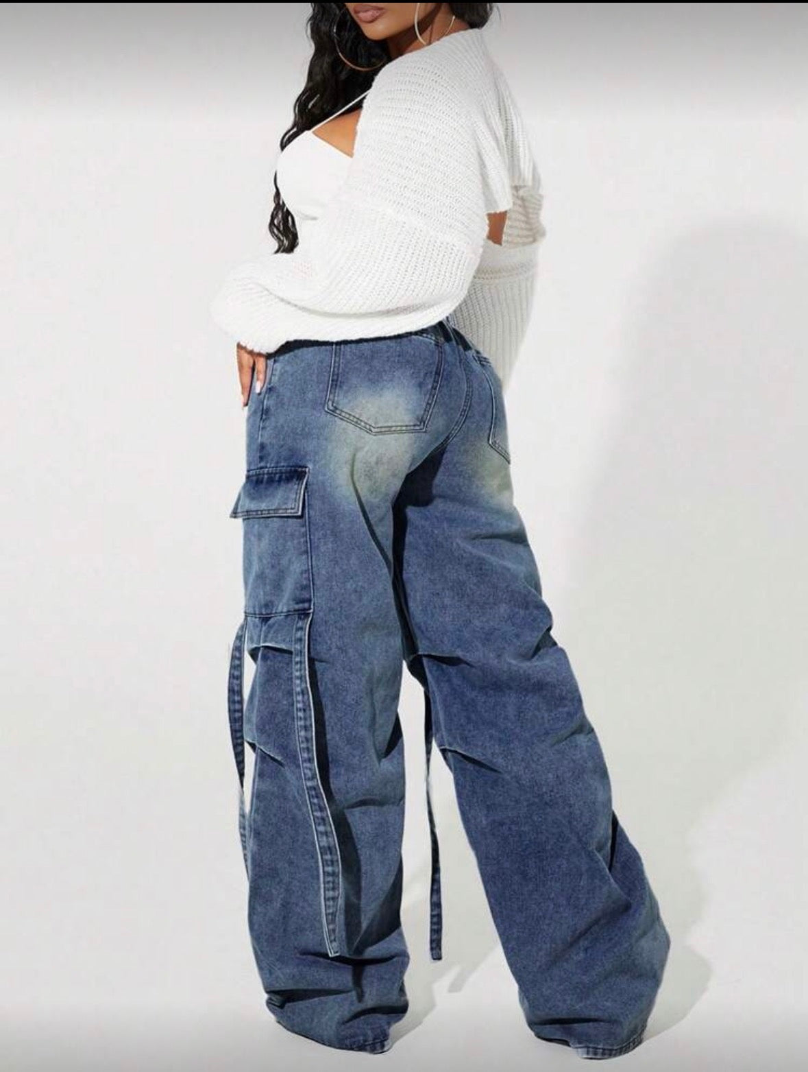 Dark wash faded multi pocket street style loose baggy jean cargos for women