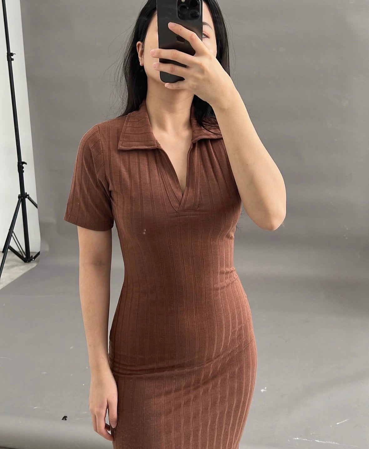 Brown solid colour mid sleeve colour dress for women