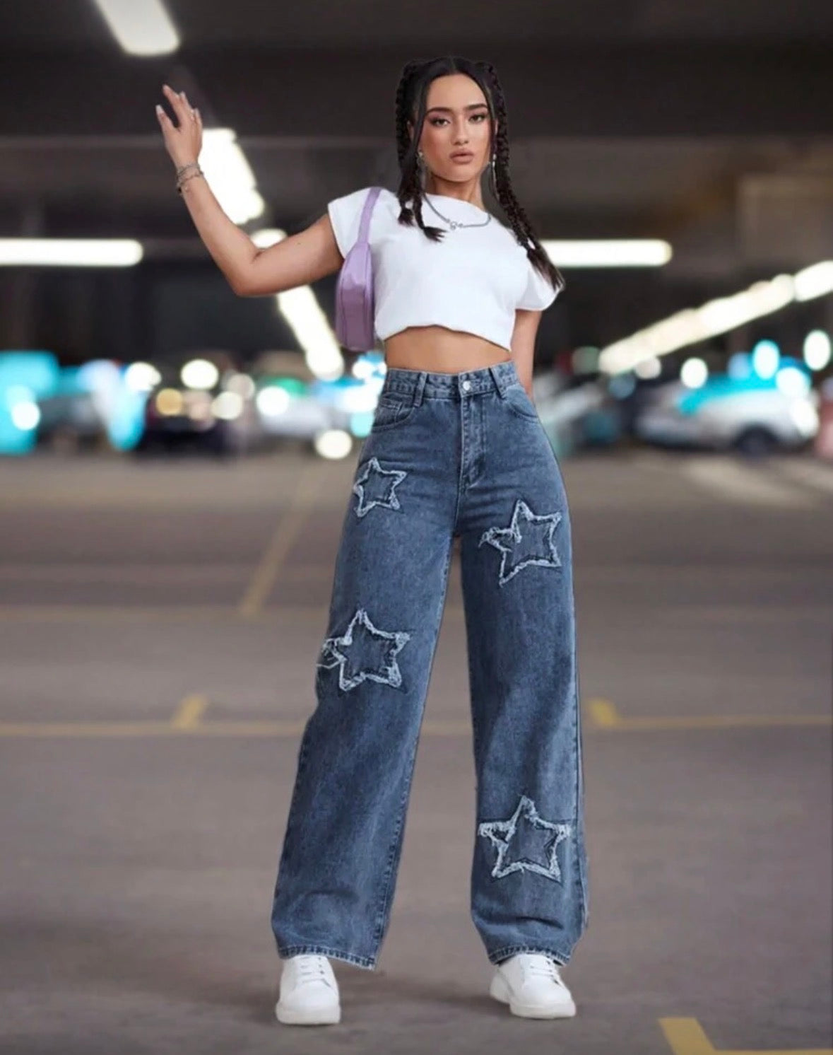 Women’s dark wash star design loose high waist jeans