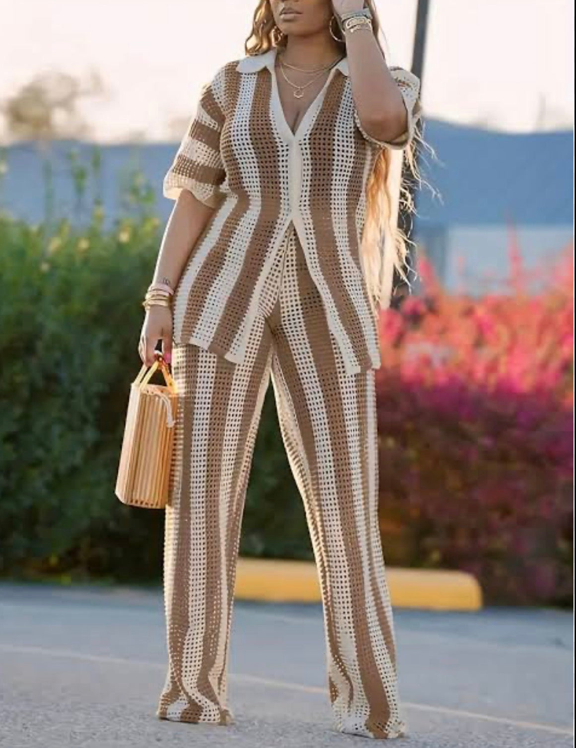 Knit summer striped 2 pc short sleeve shirt and pants for women