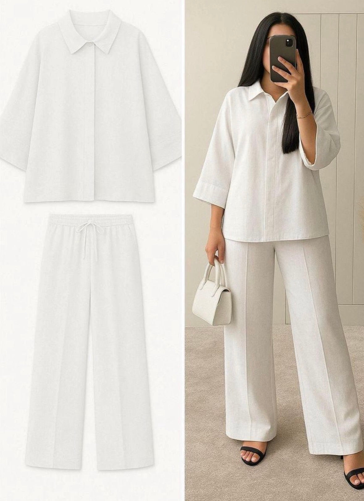 Women’s all white solid color 2 pc button shirt and loose pants