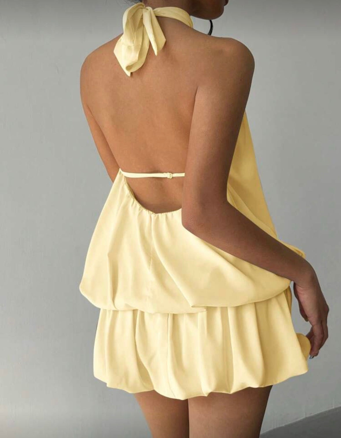 Casual Vacation Style Solid Color Backless Tie Knot Ruffle Hem Mini Dress, Summer