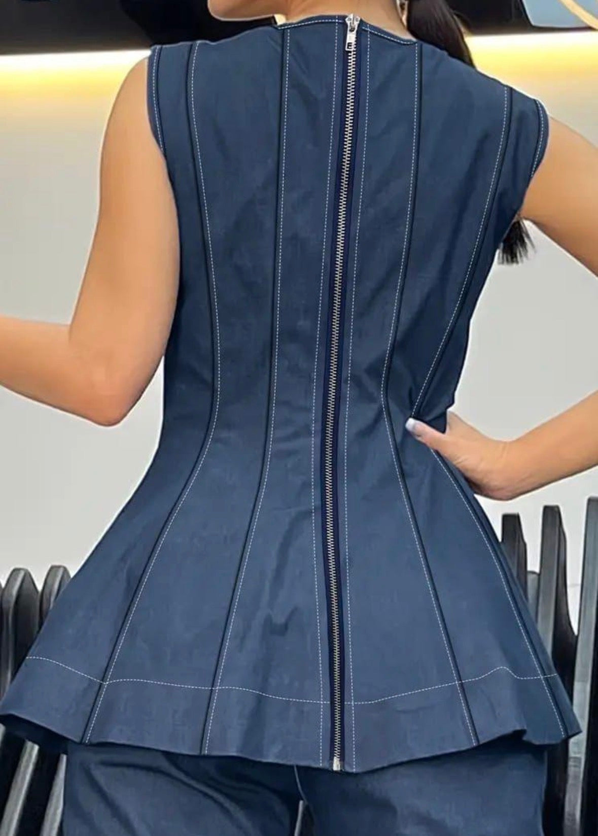 Dark blue 2 pc vest with zip and unique design loose pants