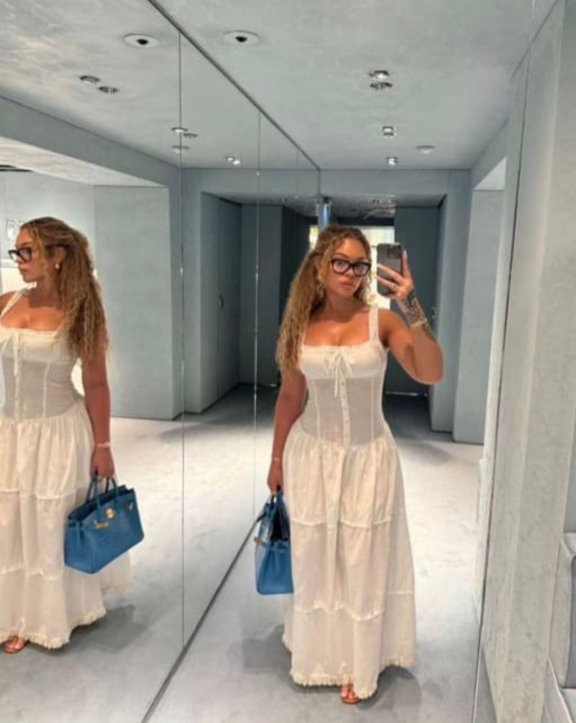 Women’s open chest sleeveless long white see through dress