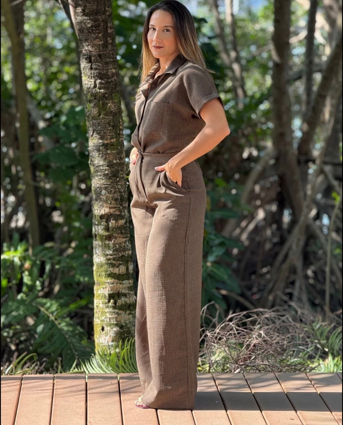 Linen solid colour button up mid sleeve shirt and solid colour pants 2 pc