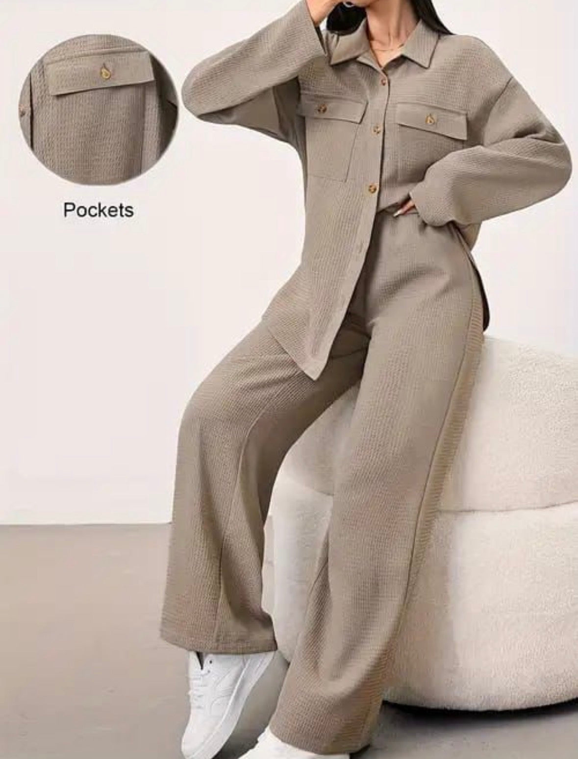 Women’s green 2 piece outer was home wear comfortable long sleeve shirt and loose pants