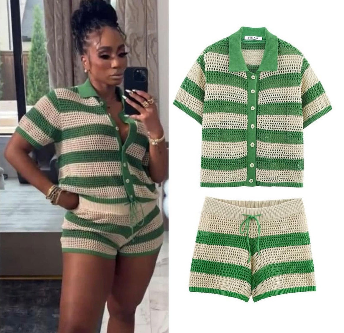 Women’s floral summer striped green 2 pc button shirt and mini short