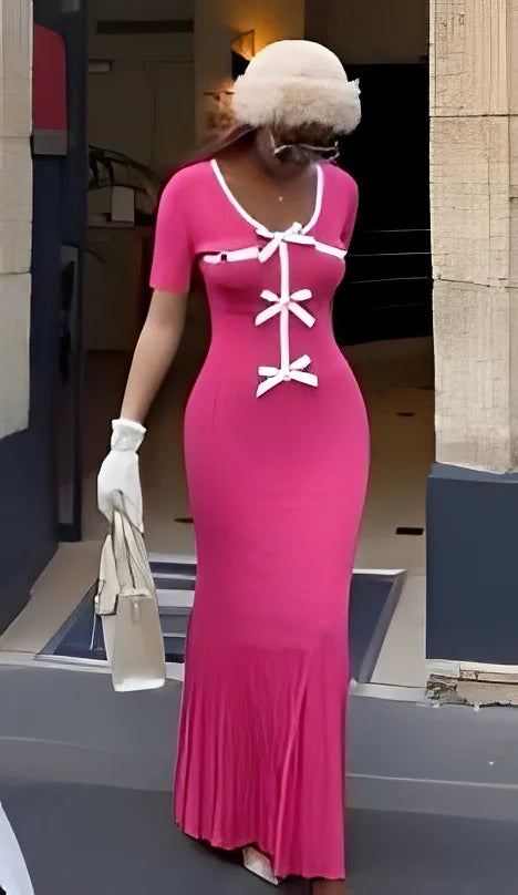 Women’s pocket bow tie long mid sleeve v neck dress