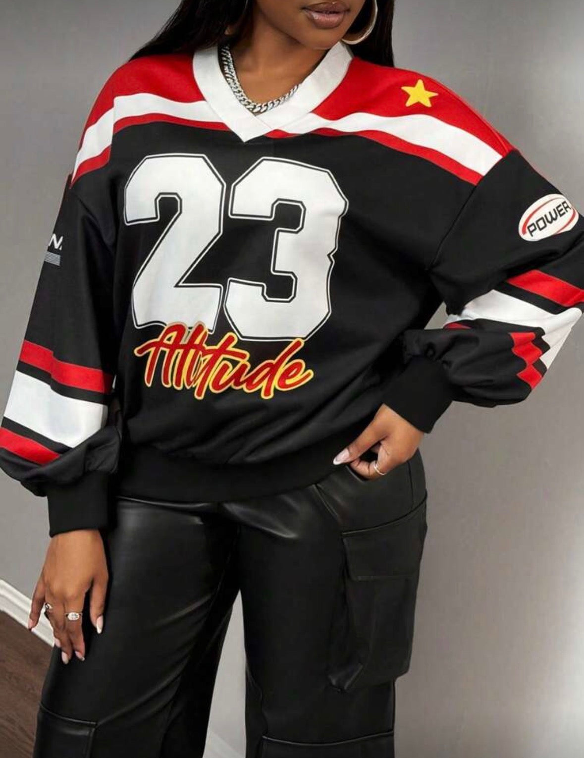 Women’s v neck letter design casual street long sleeve sweatshirt