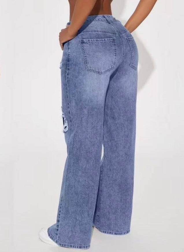 Medium wash ripped blue denim loose pants for women