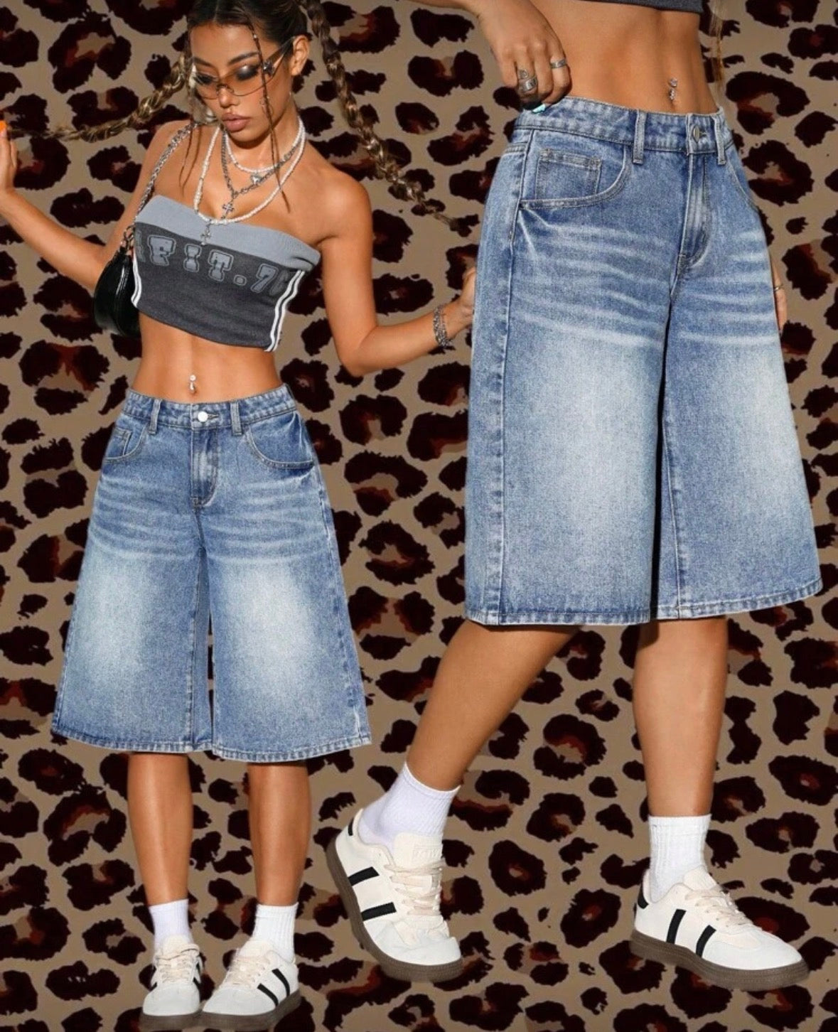 Women’s medium wash jean long street wear shorts jorts