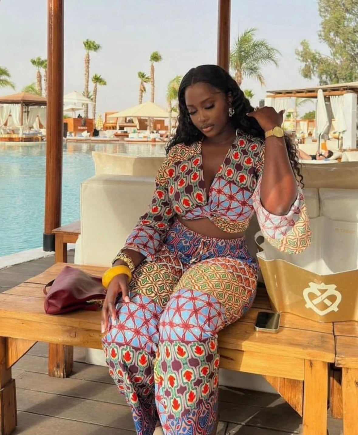 Women’s 2 pc cropped long sleeve top and multi colour loose cute pants