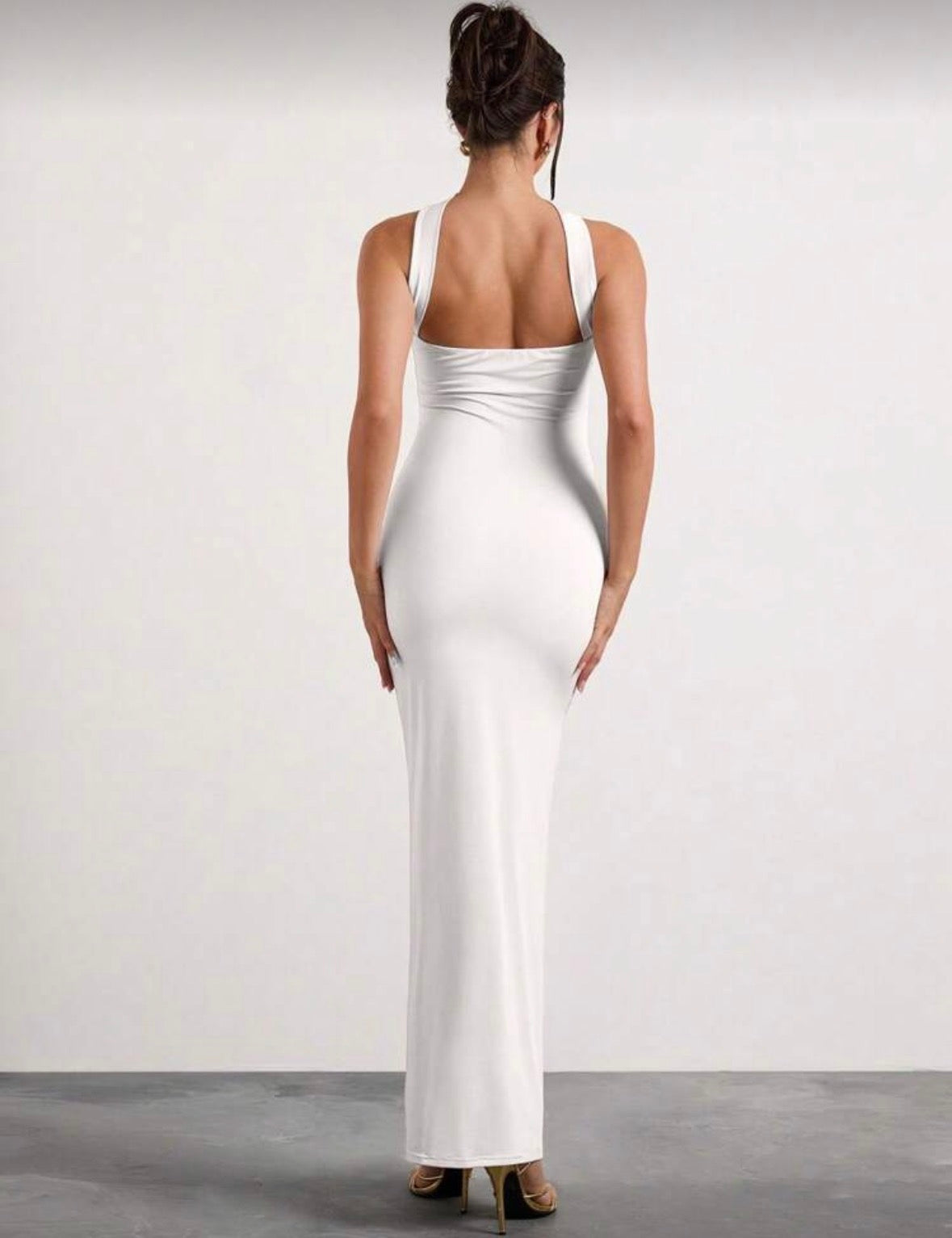 Glamine shoulder ruched halterneck solid colour dress for women