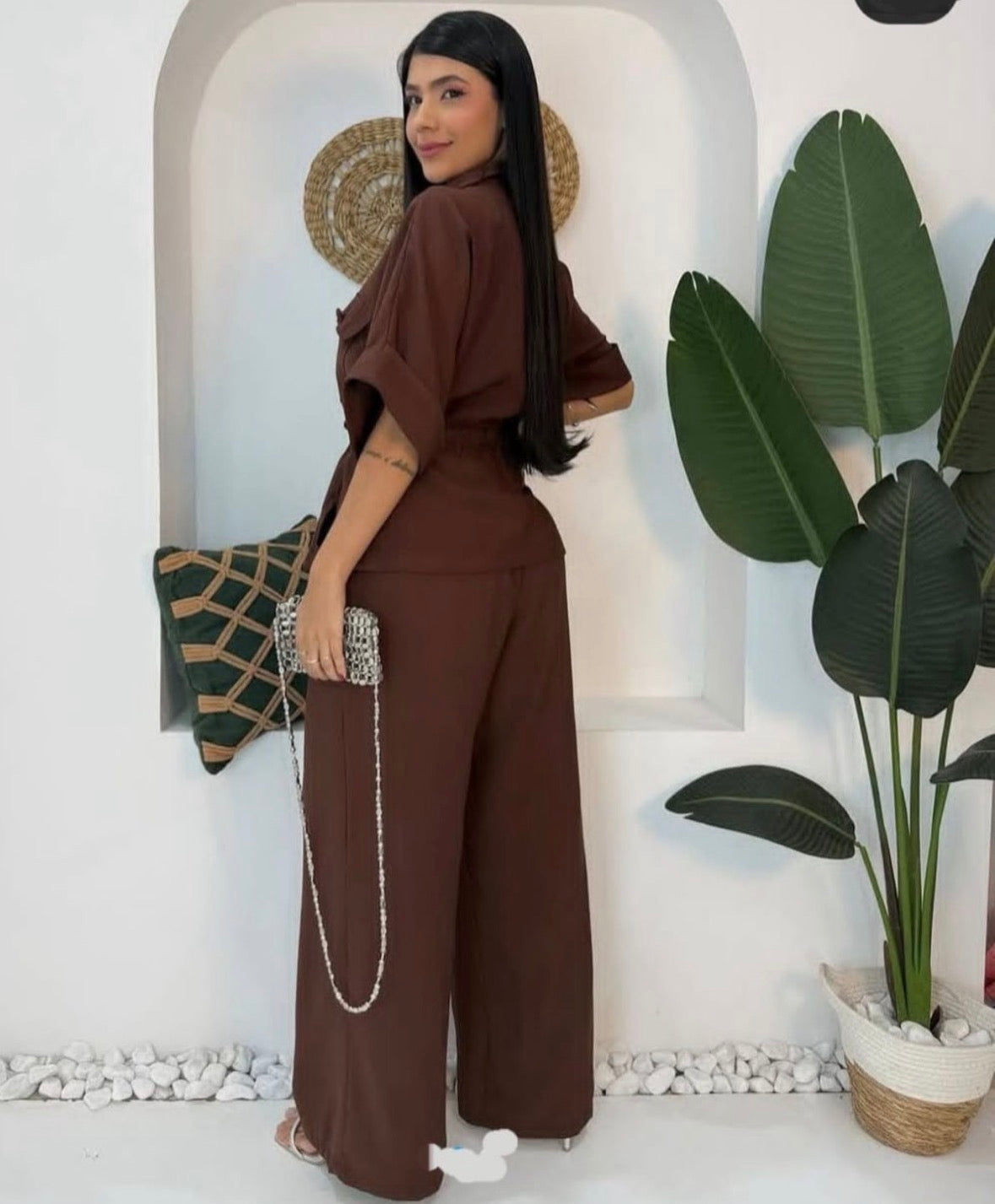 Women's 2 pc Casual Business Loose Short Sleeve Single-Breasted Shirt And Pants Set, Autumn