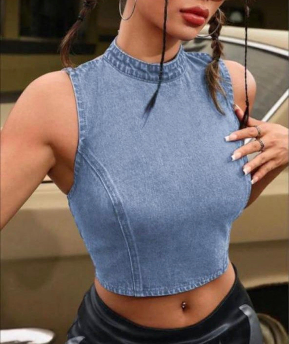 Women’s cute stylish round neck cropped denim top