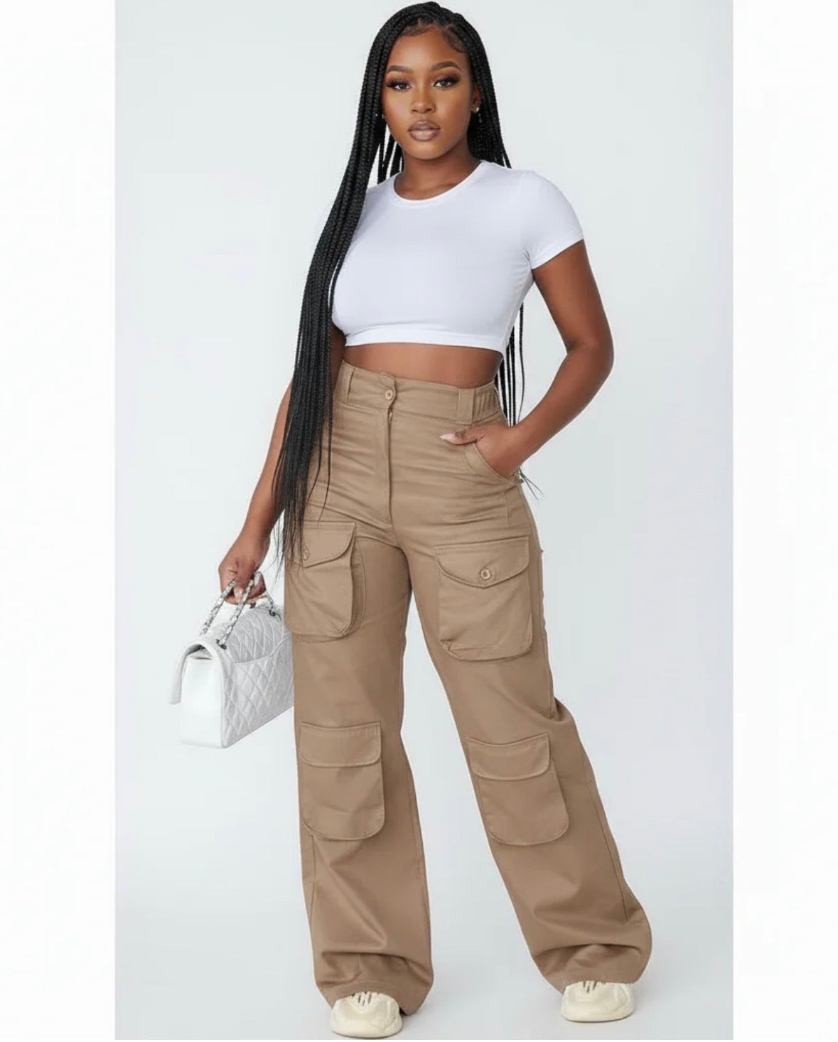 Solid colour pocket loose straight cargo pants for women