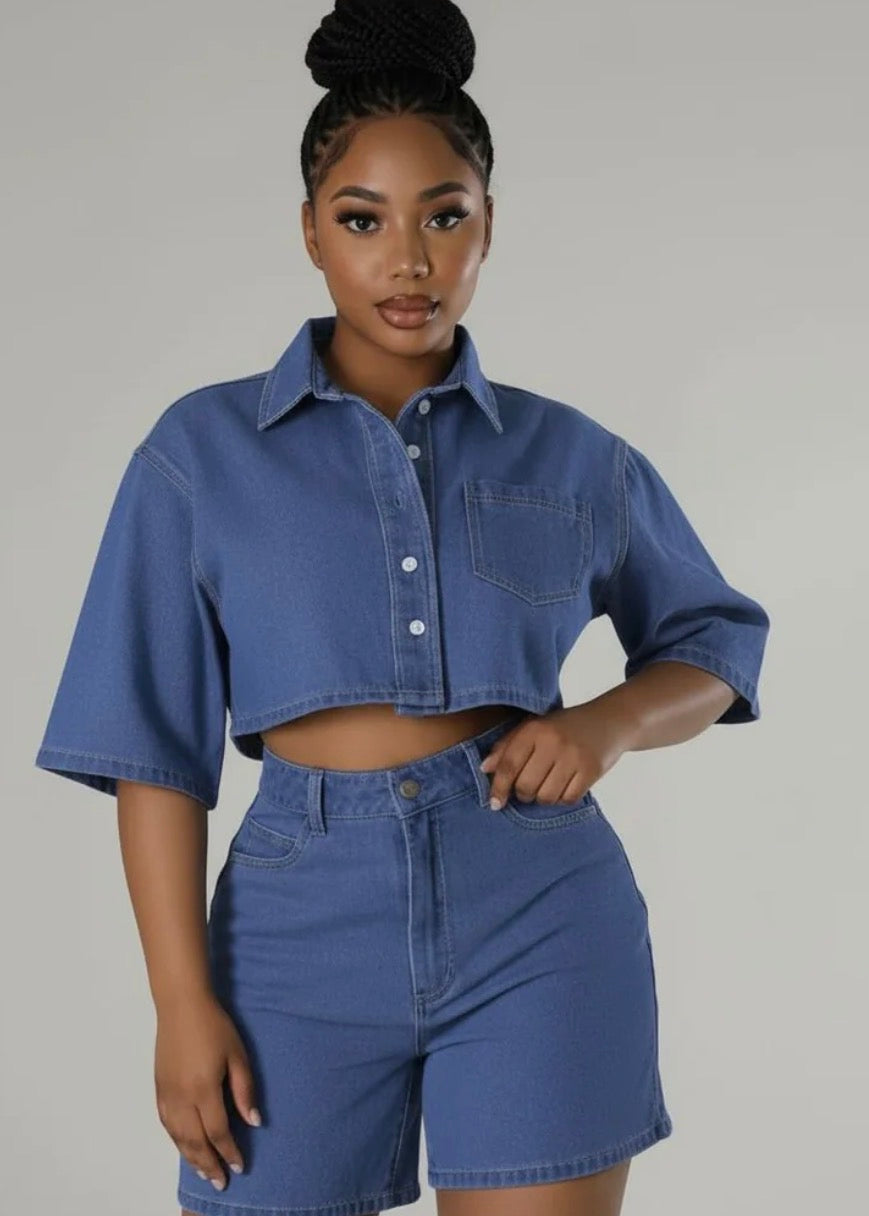 Women’s 2 pc summer short sleeve button shirt and shorts