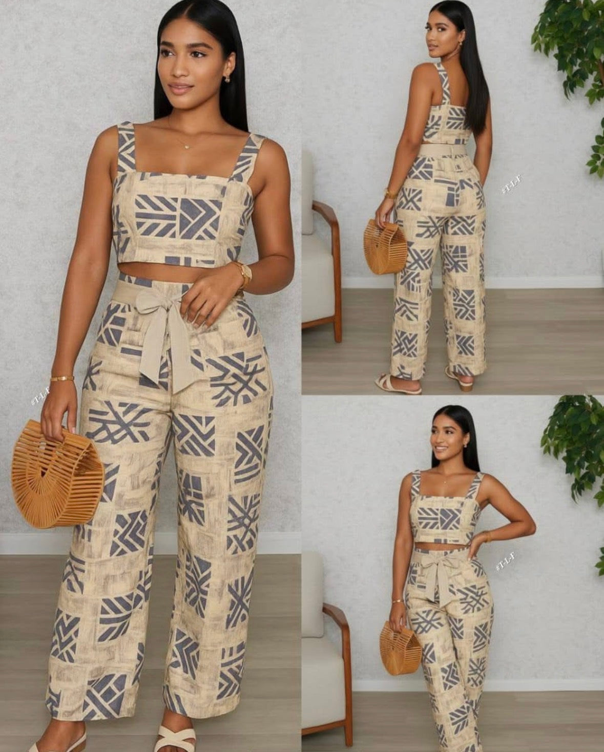 Women’s brown and blue design 2 pc top and loose pants