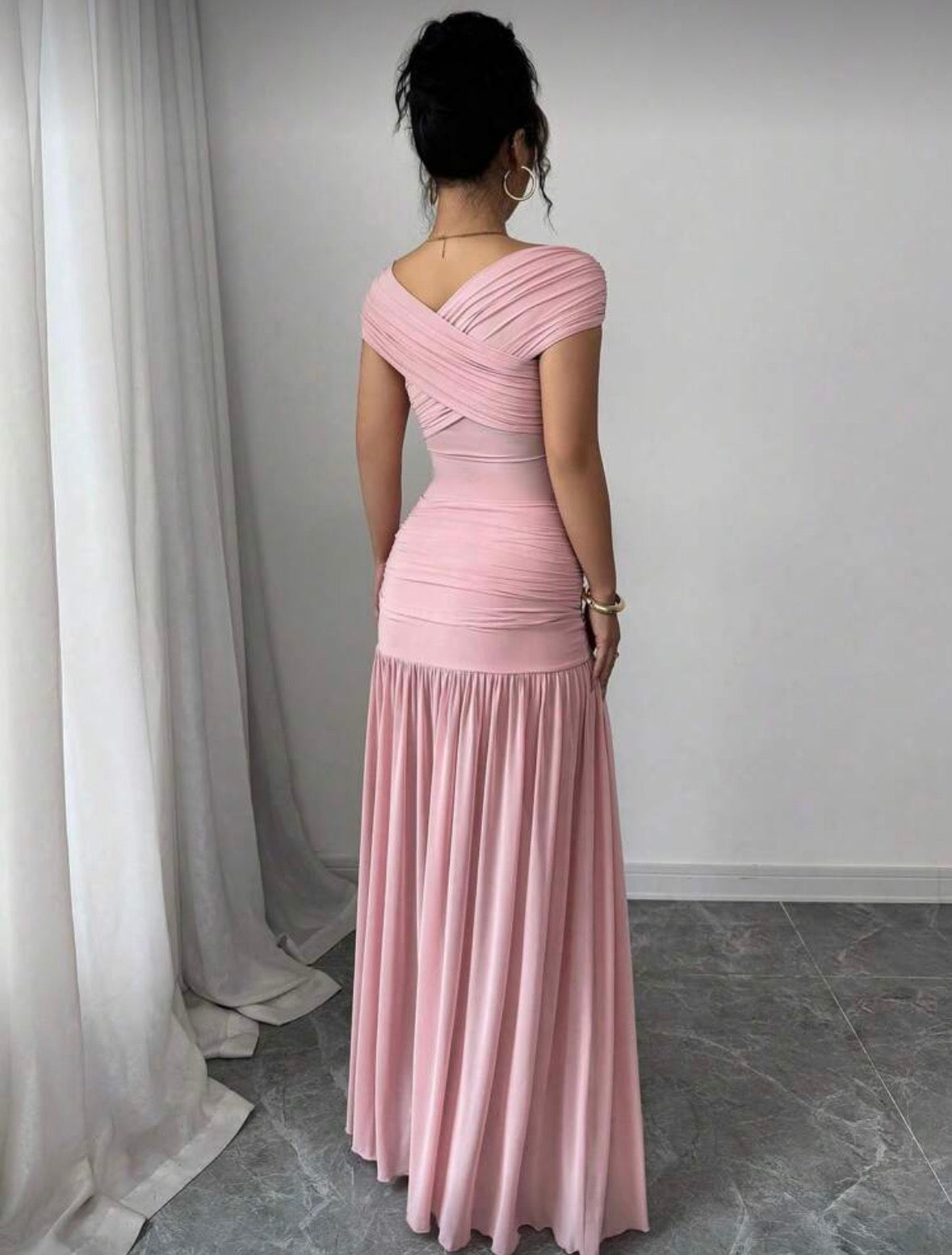 Women's Solid Color Off Shoulder Pleated Elegant Long Dress
