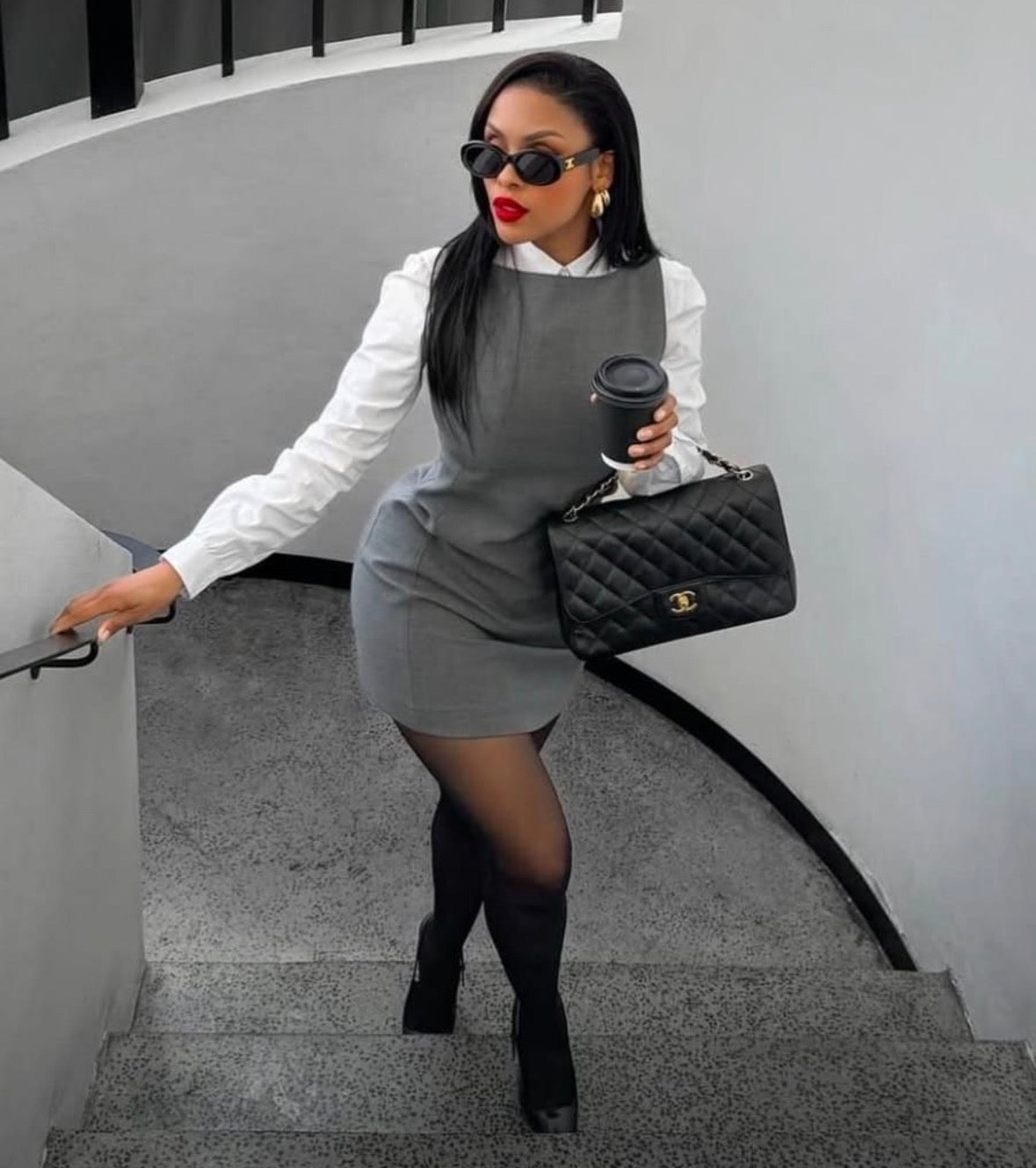 Women’s elegant 2 piece grey sleeveless mini dress and white long sleeve shirt