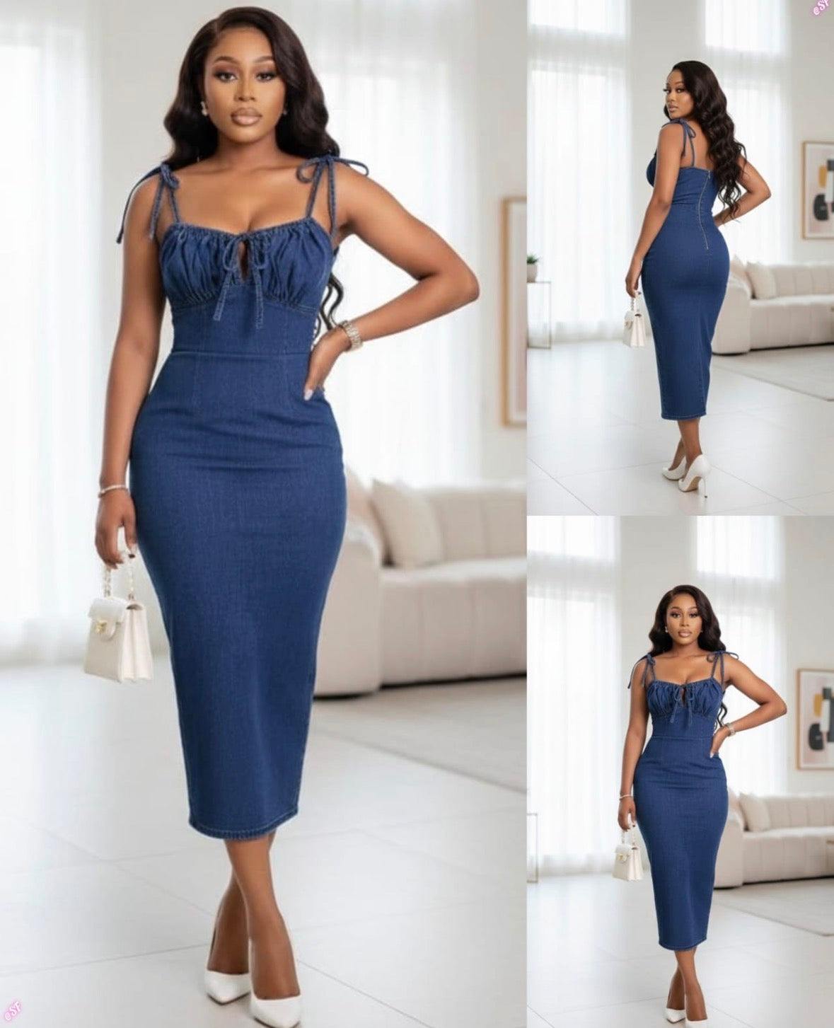 Sleeveless denim long dark blue dress for women