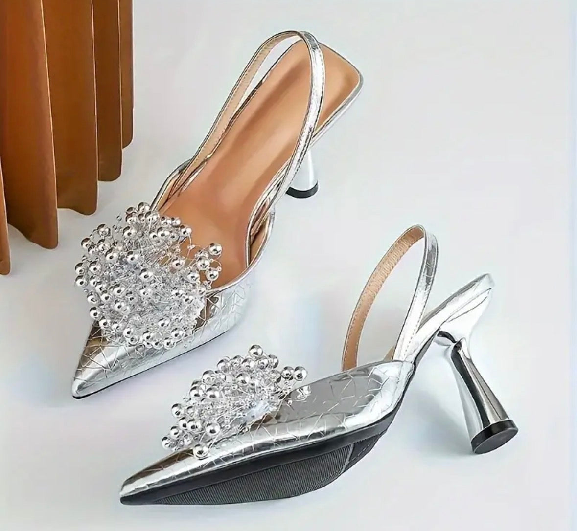 Women’s elegant silver and black sling back metallic bead high end high heels