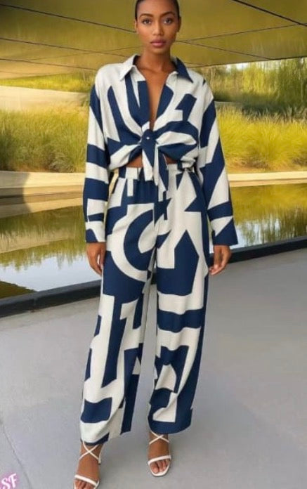 Women’s 2 pc 2 colour blue and white long sleeve shirt with tie and loose pants set