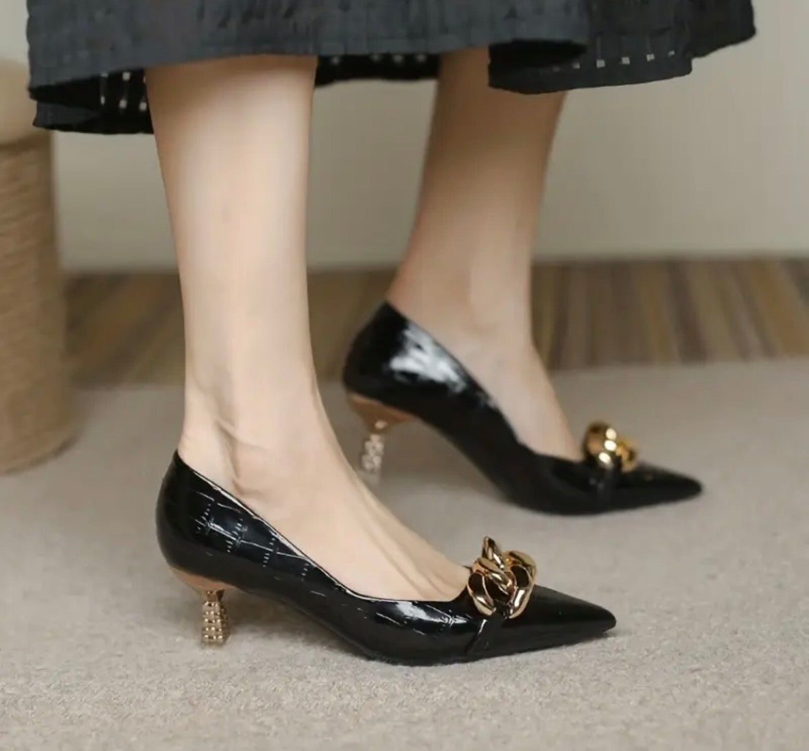 Women’s black with gold metal design pointed toe high end heels