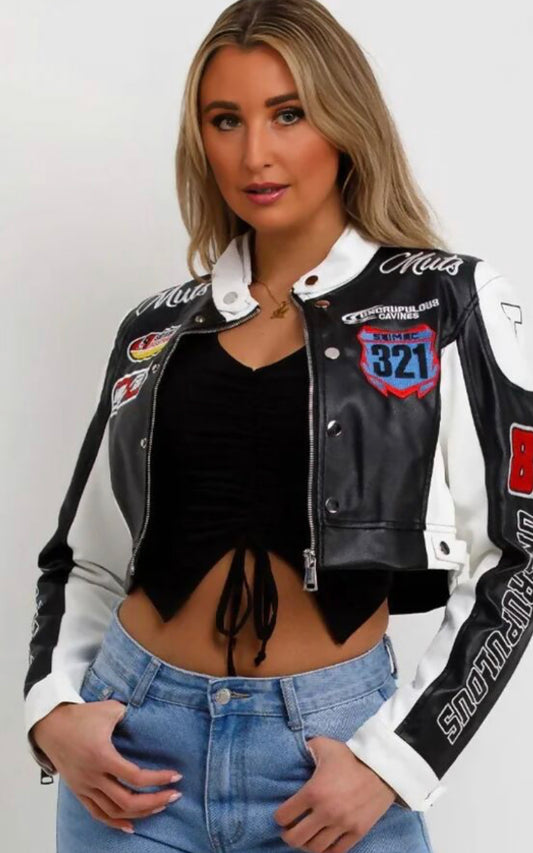 Black womens button cropped long sleeve leather jacket