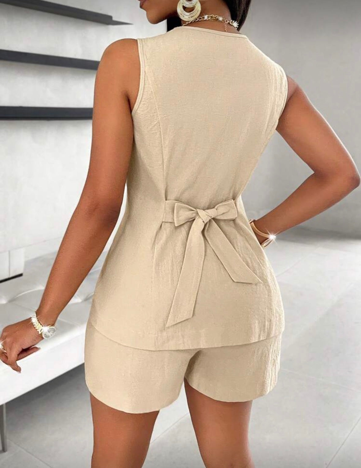 Solid Button Front Vest Blazer & Shorts