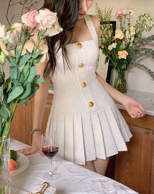 Women’s open chest gold button sophisticated dress for outings