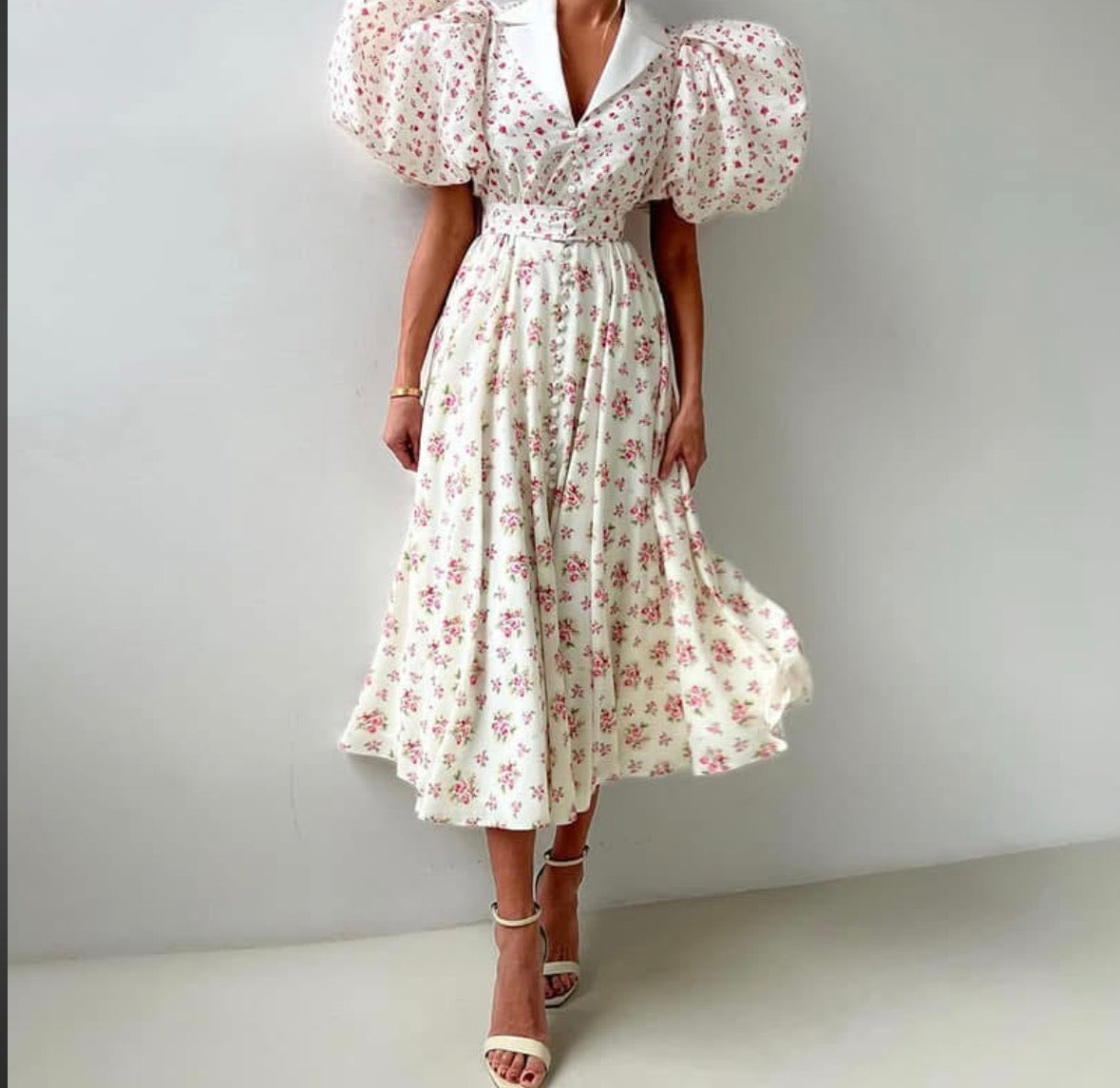 Multi colour floral mid sleeve flower long dress for women