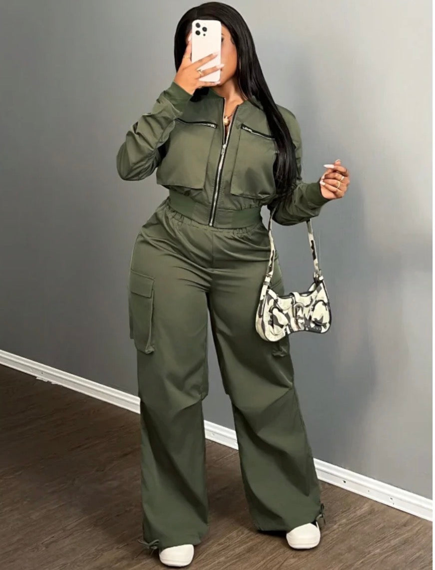 Women’s street stylish green army 2 pc pocket jacket and joggers